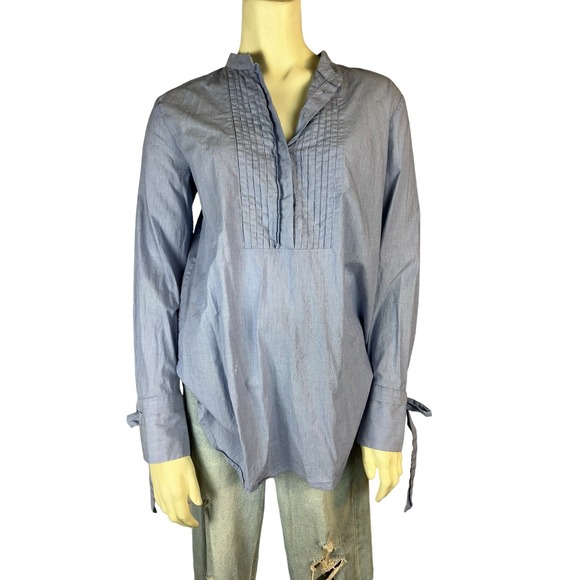 Ann Taylor Tops - Ann Taylor S small blue and white bib front bow sleeve blouse top shirt